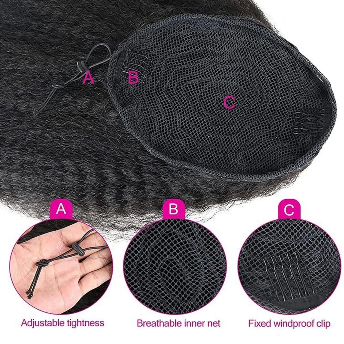 Kinky Straight Wrap Drawstring Human Hair Ponytail Yaki Straight Remy #1B