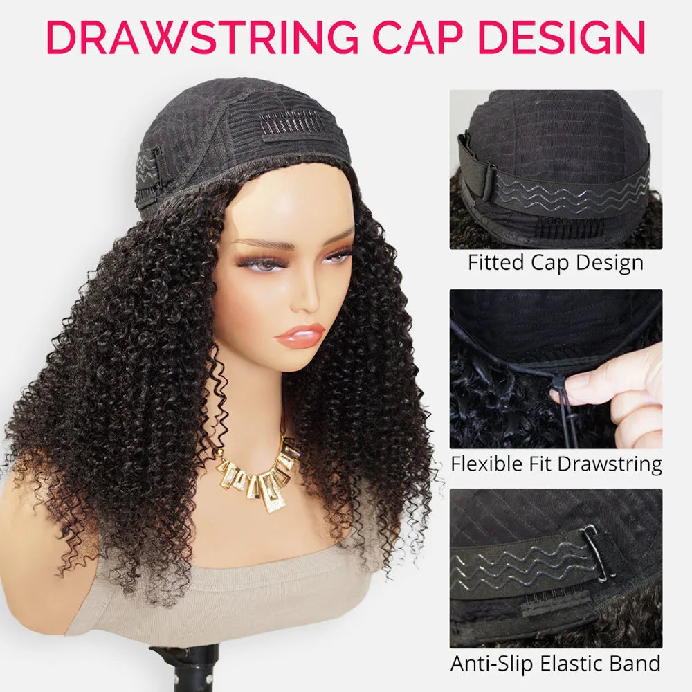 Half Wig Human Hair Afro Kinky Curly Glueless Wig Human Hair Ready to Wear 3 IN 1 Half Wig With Drawstring Deep Curly Half Wig