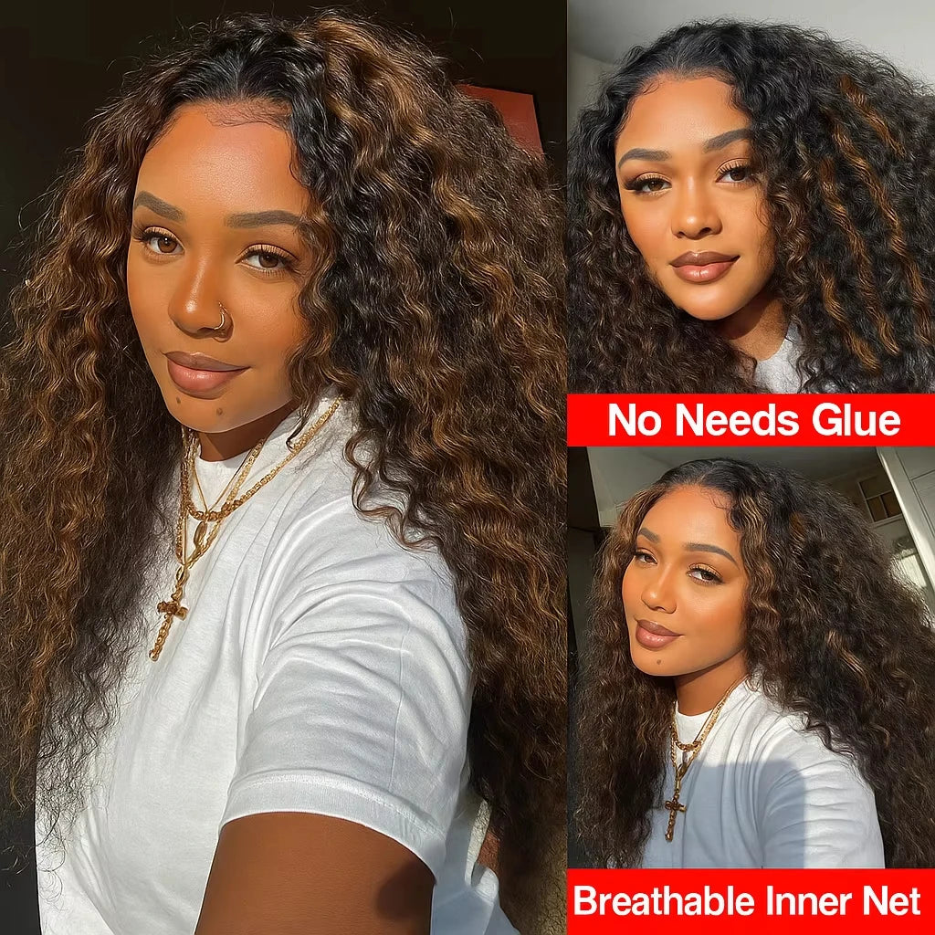 Beginner Friendly Seamless 1B/30 Highlight Wig 200% Density Water Wave Human Hair Half Kinky Curly Wig 3 In 1 Clip Flip Over Go