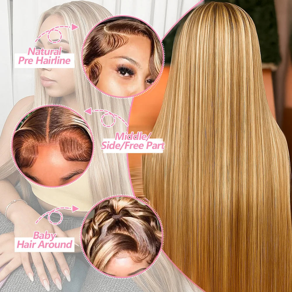 P4/27 Highlight Bone Straight 13x4 HD Lace Frontal Human Hair Brazilian Ombre Honey Blonde