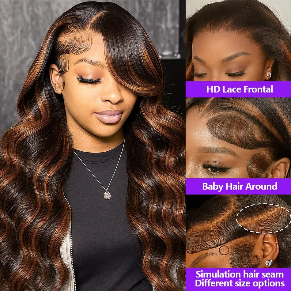 Balayage Brown Highlight 13x6 Hd Lace Frontal Wig Human Hair 30 Inch Pre Plucked Pre Cut Pre 220% Density 1b30