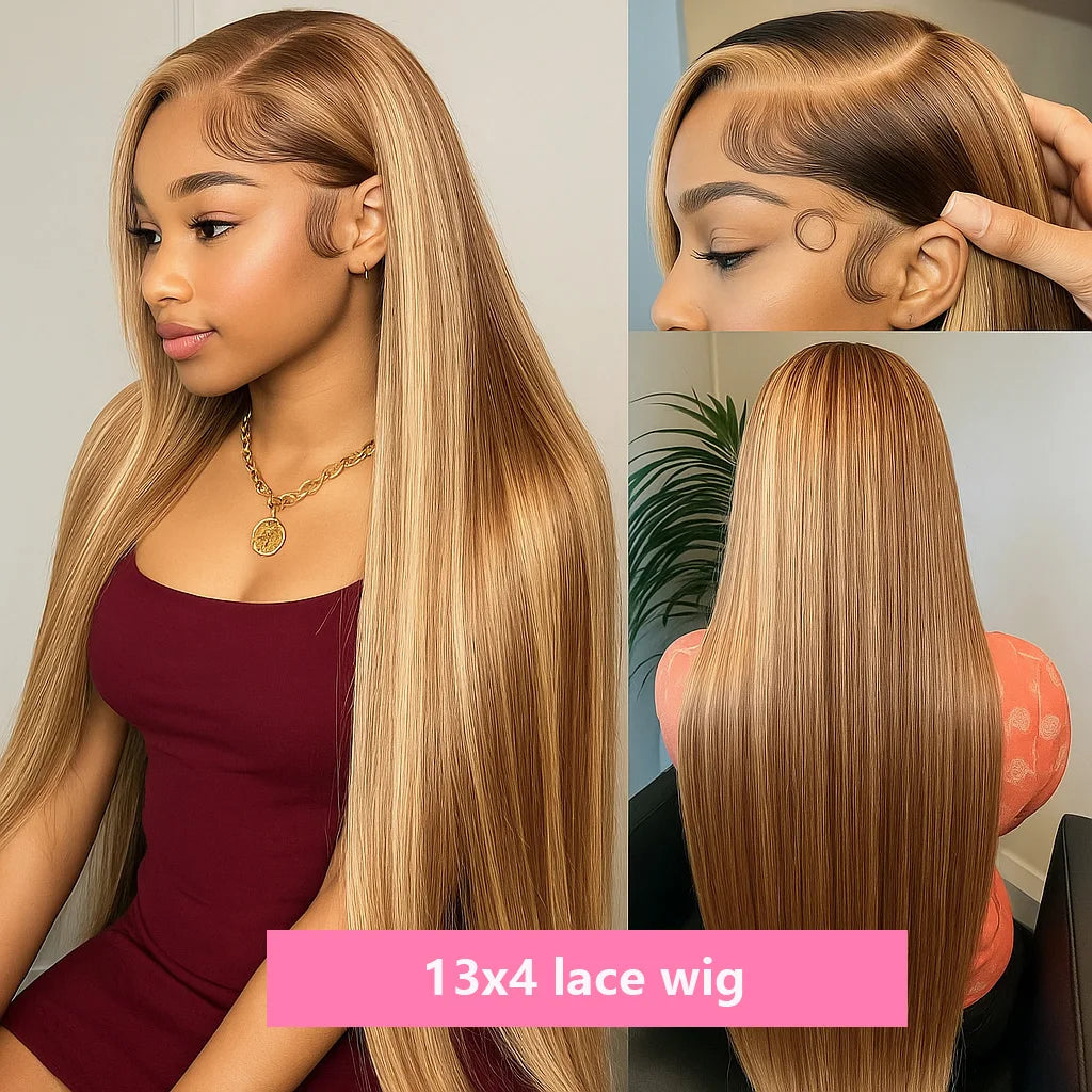 P4/27 Highlight Bone Straight 13x4 HD Lace Frontal Human Hair Brazilian Ombre Honey Blonde