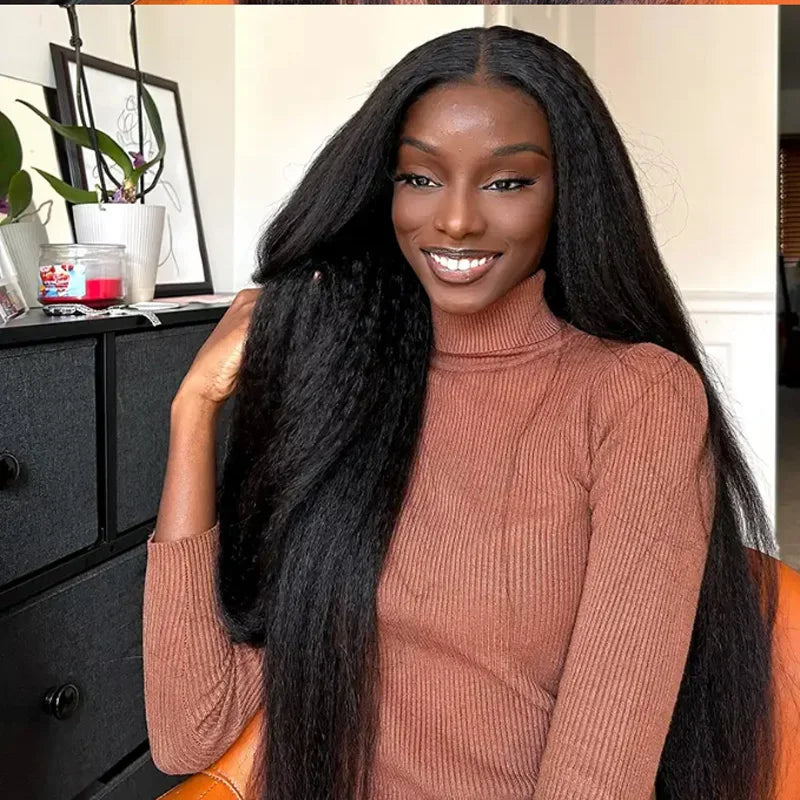 26inch Soft Kinky Straight Wig Black Yaki Lace Front With Baby Hair Synthetic Wig
