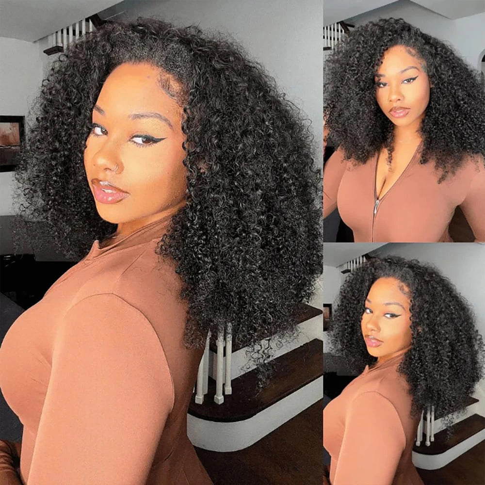 3 in 1 Half Burmese Kinky Curly Invisible Half Wigs 3C4A Human Hair 180% Density Curly Adjustable 3/4 Half Wig For Black Women
