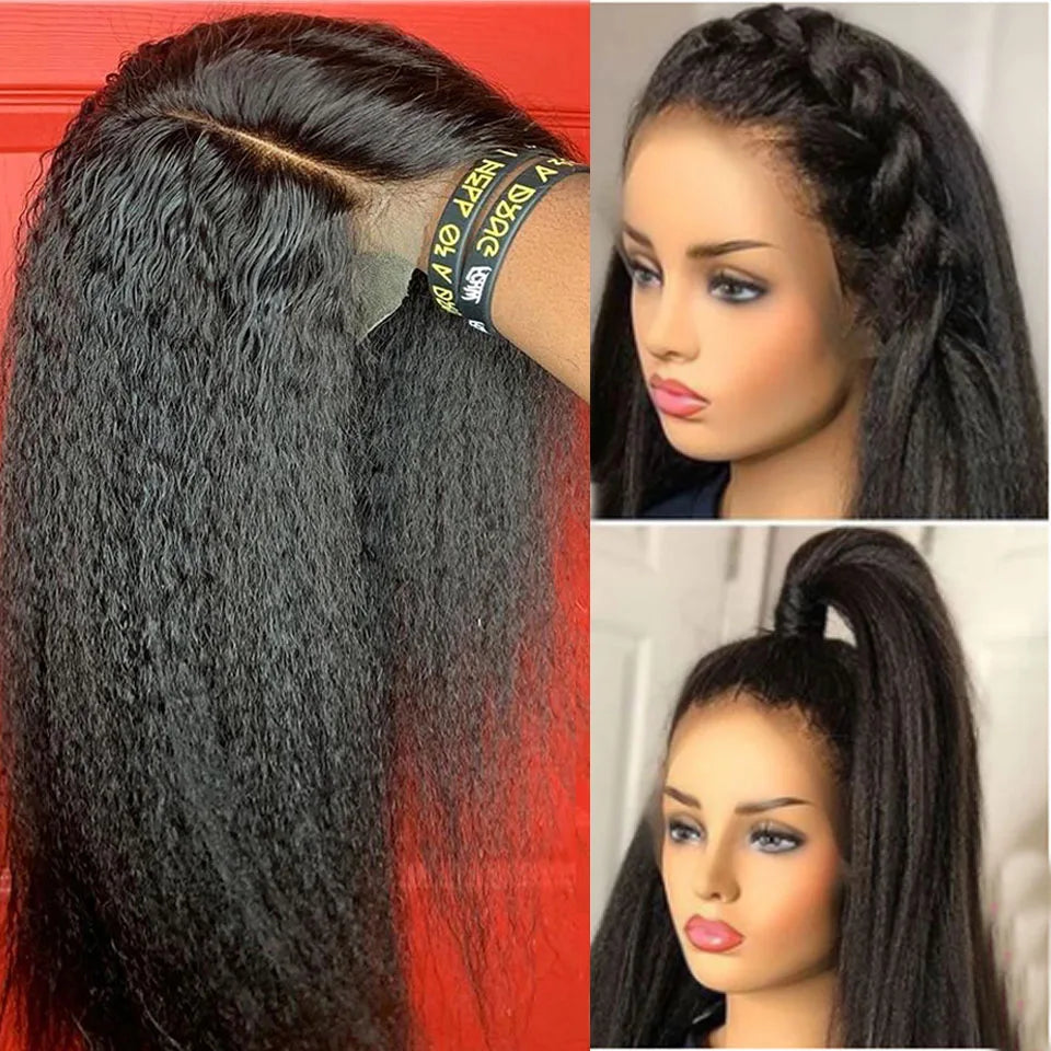 26inch Soft Kinky Straight Wig Black Yaki Lace Front With Baby Hair Synthetic Wig