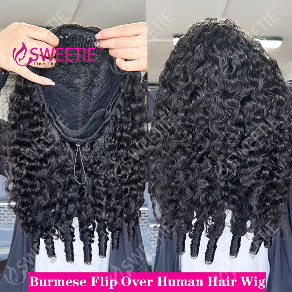 250% Density Glueless Flip Over Curly Human Hair Wigs 3 In 1 Half Clip In Wigs 12A Burmese Pixie Curly Human Hair Wigs For Women
