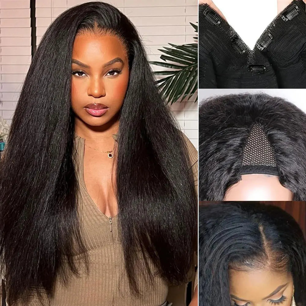 10-30inch Kinky Straight U Part Wig V Part Wig Yaki Straight Wigs