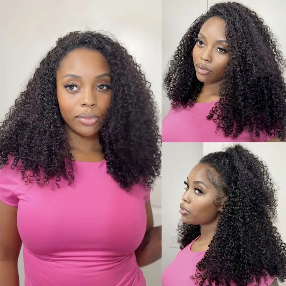 Half Wig Human Hair Afro Kinky Curly Glueless Wig Human Hair Ready to Wear 3 IN 1 Half Wig With Drawstring Deep Curly Half Wig