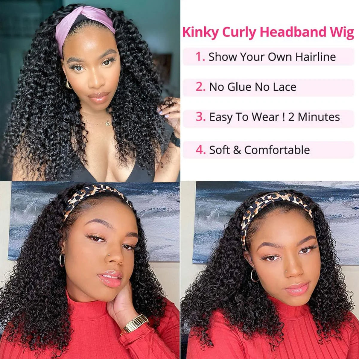 10-30 Inchs Kinky Curly Headband Wigs Natural Color Glueless Wigs Human Hair 200% Density Afro Kinky Curly Wigs For Women