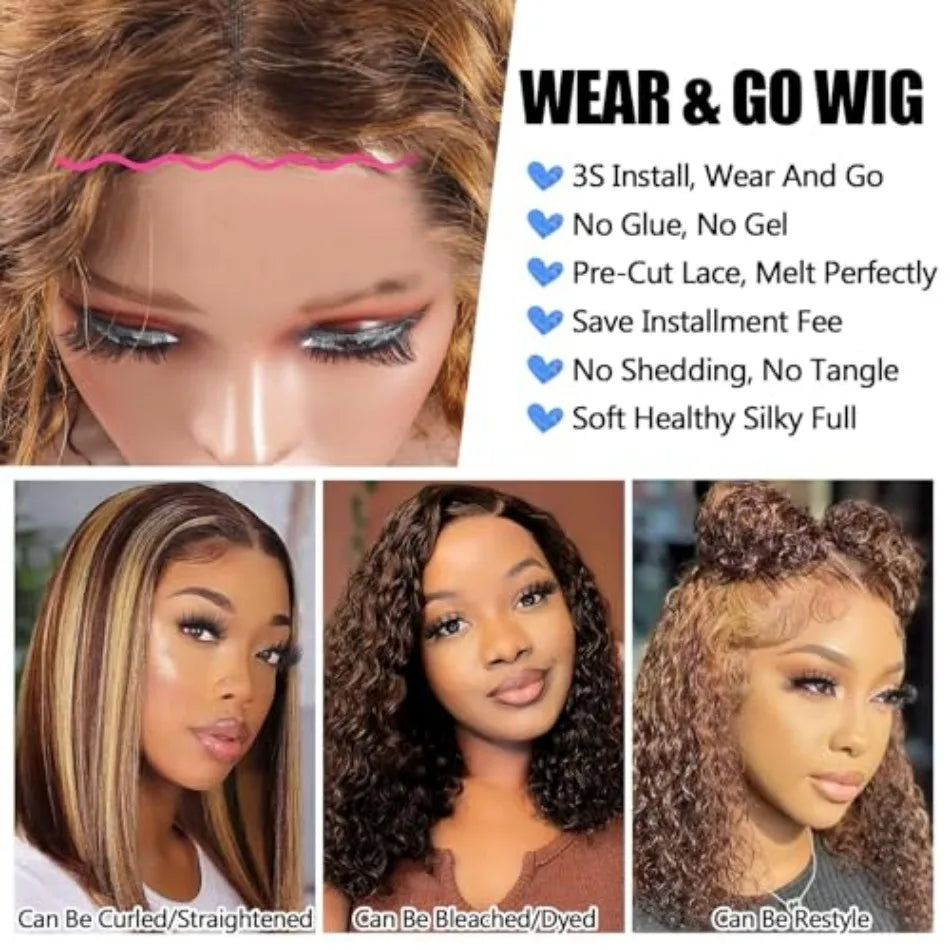 Deep Wave Bob Wig Human Hair Glueless Highlight 5x5 HD Lace Front 220% Density 4/27