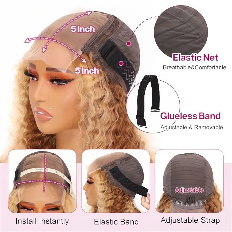 Deep Wave Bob Wig Human Hair Glueless Highlight 5x5 HD Lace Front 220% Density 4/27