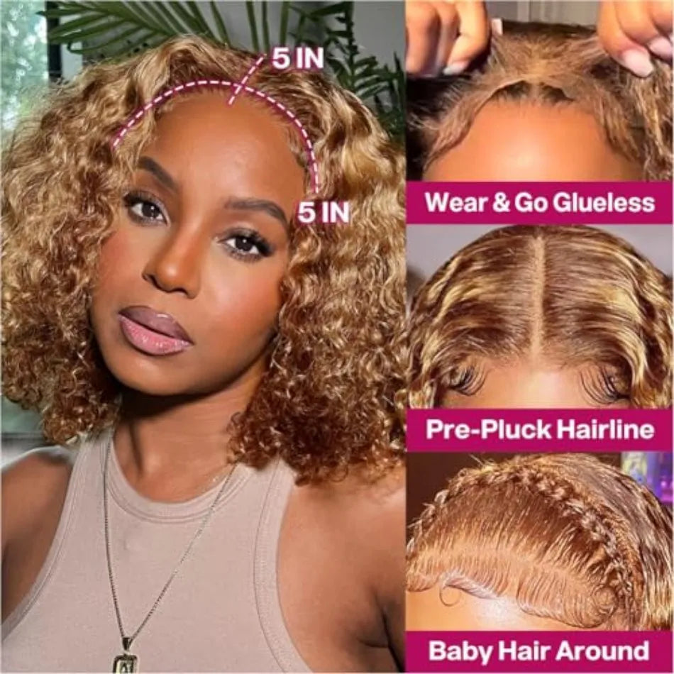 Deep Wave Bob Wig Human Hair Glueless Highlight 5x5 HD Lace Front 220% Density 4/27