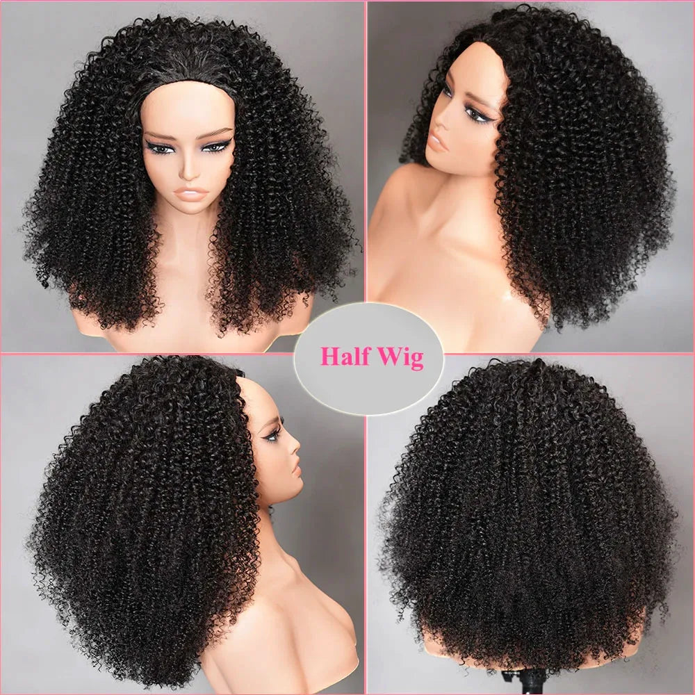 Half Wig Human Hair Afro Kinky Curly Glueless Wig Human Hair Ready to Wear 3 IN 1 Half Wig With Drawstring Deep Curly Half Wig