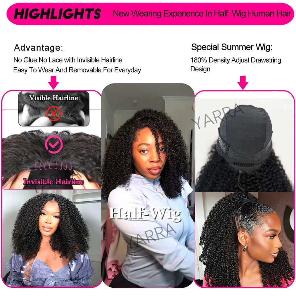 3 in 1 Half Burmese Kinky Curly Invisible Half Wigs 3C4A Human Hair 180% Density Curly Adjustable 3/4 Half Wig For Black Women