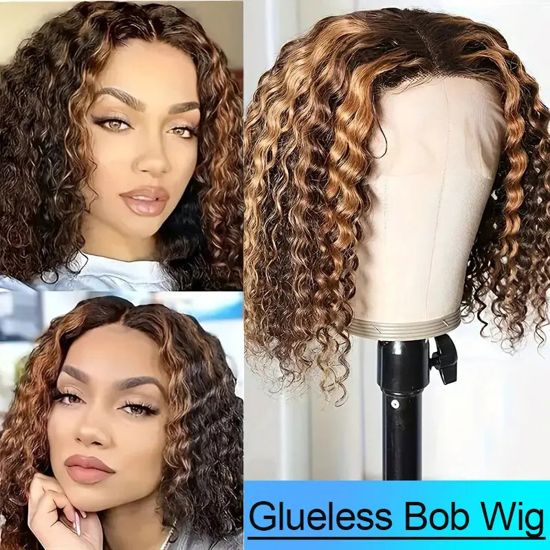 Deep Wave Bob Wig Human Hair Glueless Highlight 5x5 HD Lace Front 220% Density 4/27