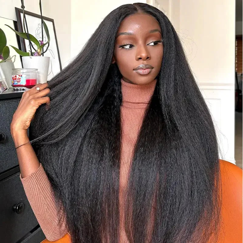 26inch Soft Kinky Straight Wig Black Yaki Lace Front With Baby Hair Synthetic Wig
