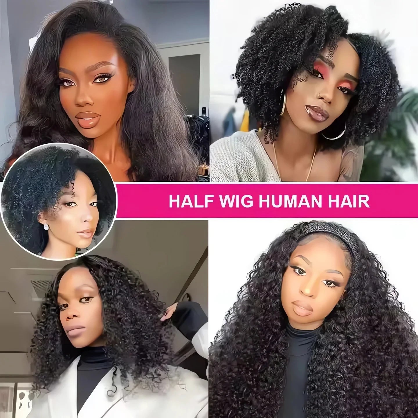Drawstring Half Wig Human Hair Seamless Clip In Flip Over Wig Upgrade 3 IN 1 200% Density Deep Curly Half Wigs for Women Hair