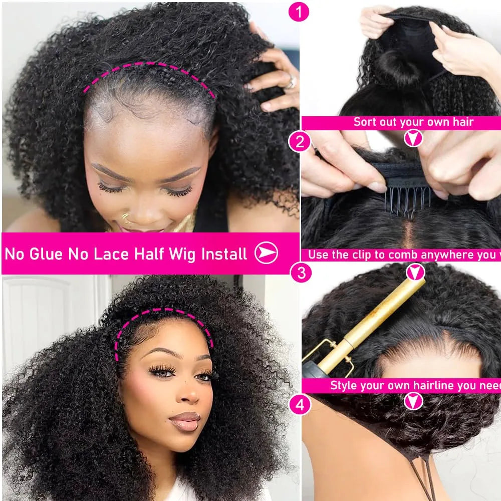 Half Wig Human Hair Afro Kinky Curly Glueless Wig Human Hair Ready to Wear 3 IN 1 Half Wig With Drawstring Deep Curly Half Wig