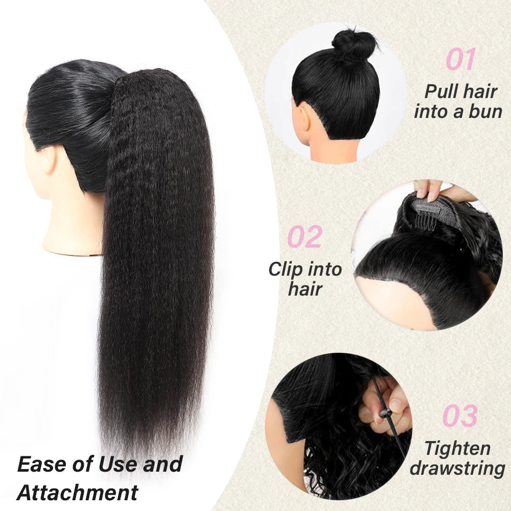 Yaki Kinky Straight Drawstring Ponytail Hairpiece Brazilian Human Hair Clip in Drawstring