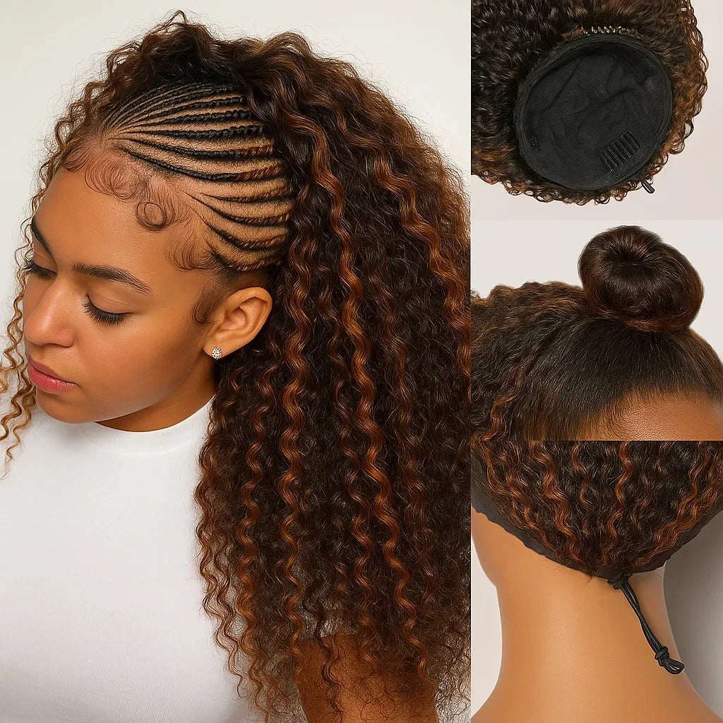 Beginner Friendly Seamless 1B/30 Highlight Wig 200% Density Water Wave Human Hair Half Kinky Curly Wig 3 In 1 Clip Flip Over Go