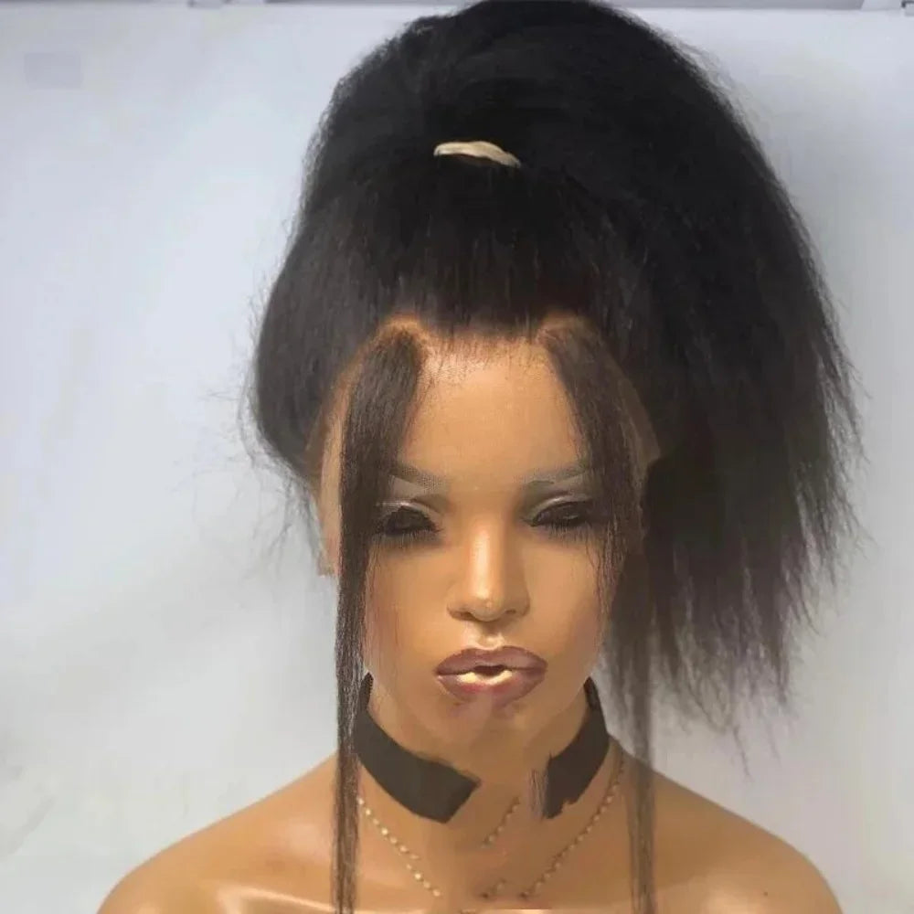 26inch Soft Kinky Straight Wig Black Yaki Lace Front With Baby Hair Synthetic Wig