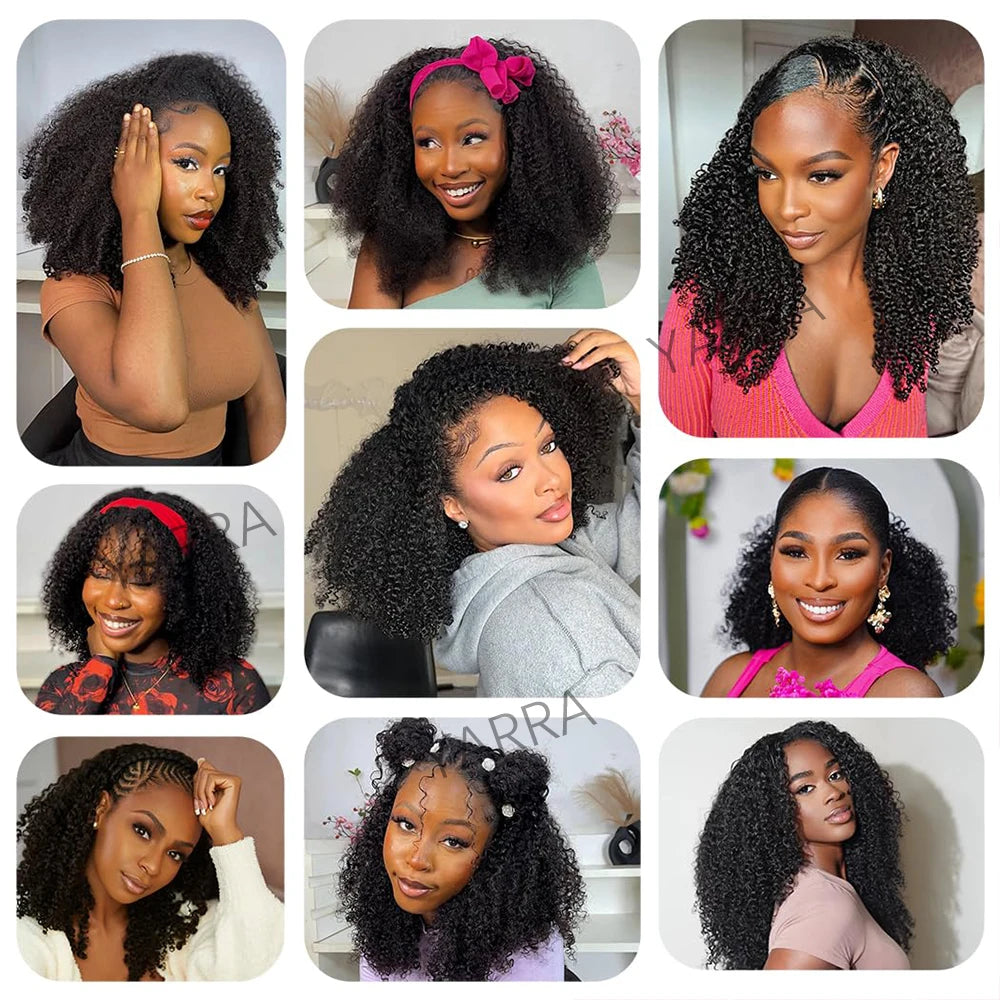 3 in 1 Half Burmese Kinky Curly Invisible Half Wigs 3C4A Human Hair 180% Density Curly Adjustable 3/4 Half Wig For Black Women