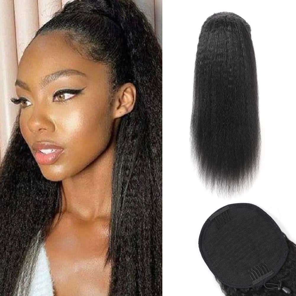Yaki Kinky Straight Drawstring Ponytail Hairpiece Brazilian Human Hair Clip in Drawstring