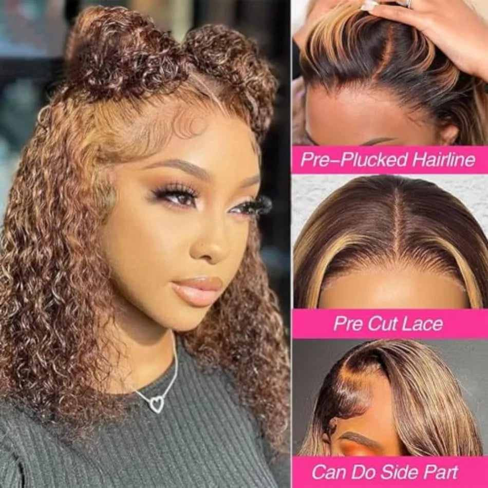 Deep Wave Bob Wig Human Hair Glueless Highlight 5x5 HD Lace Front 220% Density 4/27