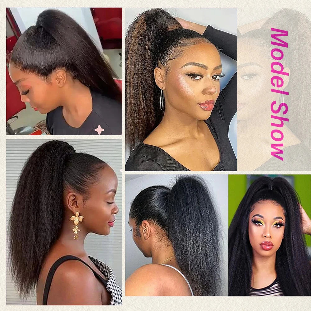 Yaki Kinky Straight Drawstring Ponytail Hairpiece Brazilian Human Hair Clip in Drawstring