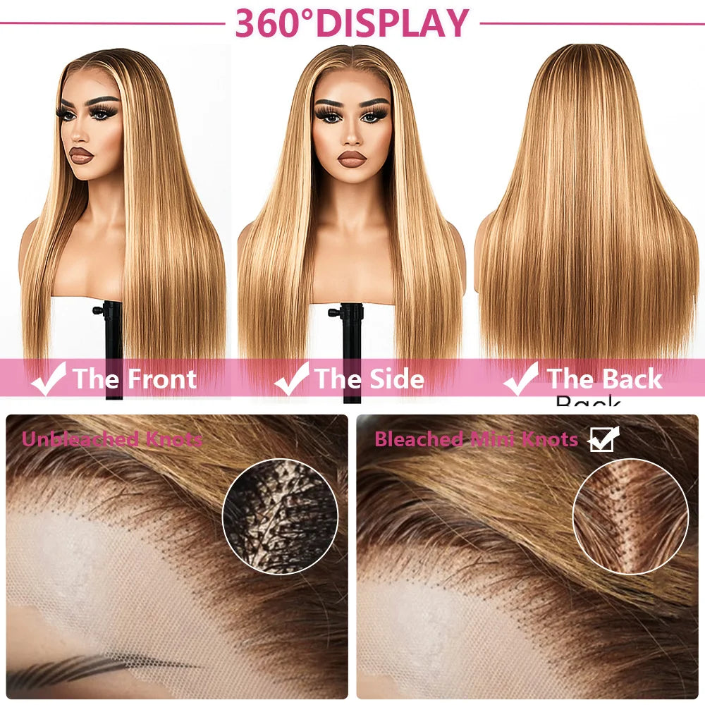 P4/27 Highlight Bone Straight 13x4 HD Lace Frontal Human Hair Brazilian Ombre Honey Blonde