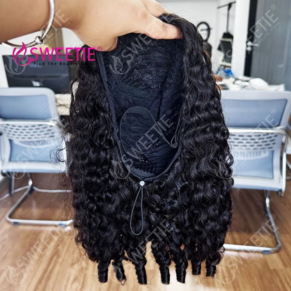 250% Density Glueless Flip Over Curly Human Hair Wigs 3 In 1 Half Clip In Wigs 12A Burmese Pixie Curly Human Hair Wigs For Women