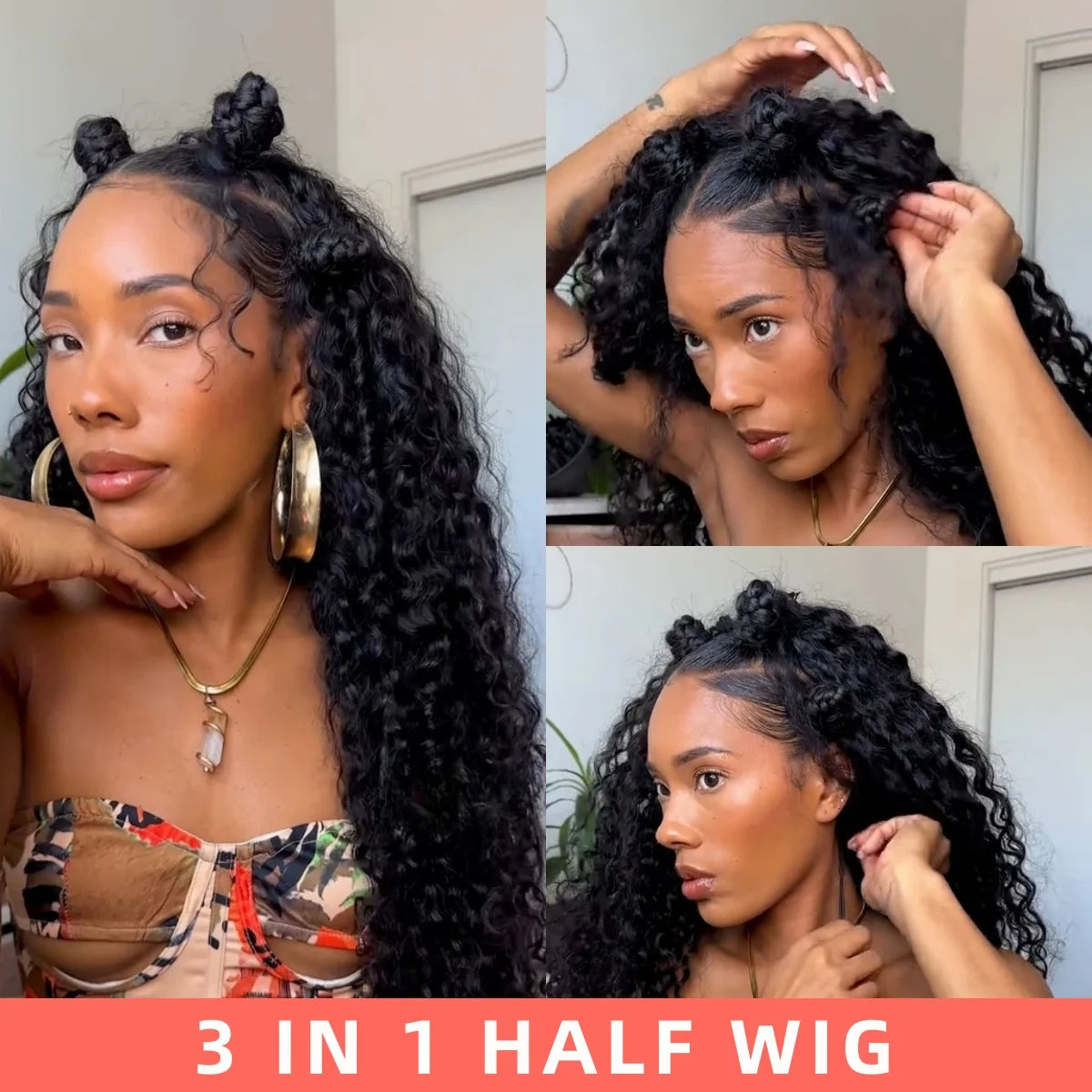 Drawstring Half Wig Human Hair Seamless Clip In Flip Over Wig Upgrade 3 IN 1 200% Density Deep Curly Half Wigs for Women Hair