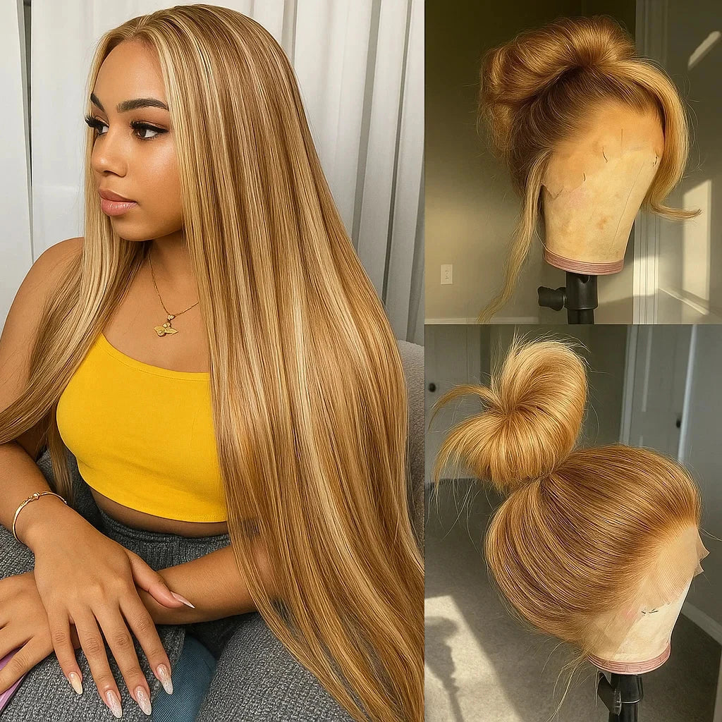 P4/27 Highlight Bone Straight 13x4 HD Lace Frontal Human Hair Brazilian Ombre Honey Blonde