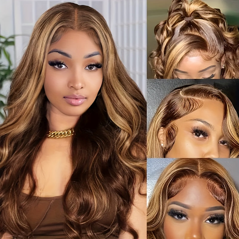 P4/27 Honey Blonde Body Wave 4x4 HD Transparent Lace Frontal Wigs With Baby Hair 180 Density Brazilian Human Hair