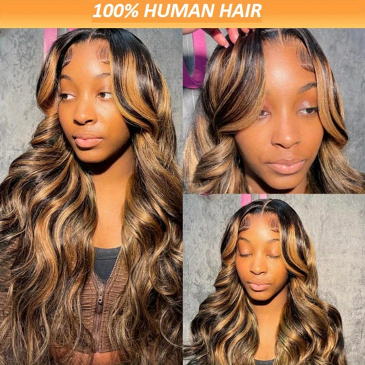 200 Density 4/27 Highlight Body Wave Human Hair Lace Frontal Wigs 13x4 HD Lace Front