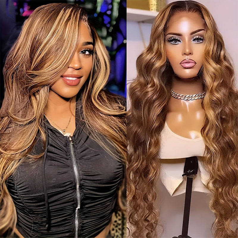 250% Density Wigs Human Hair Body Wave Lace Front 4/27 Honey Blonde
