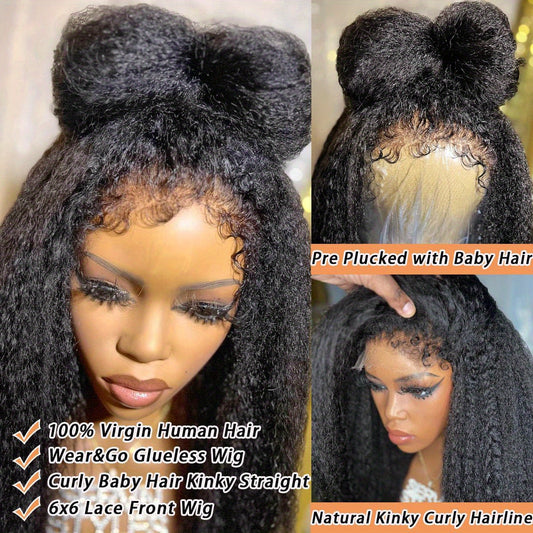 6x6 Kinky Straight HD Lace Closure Wigs Human Hair Kinky Straight Wig For Beginners 200% Density