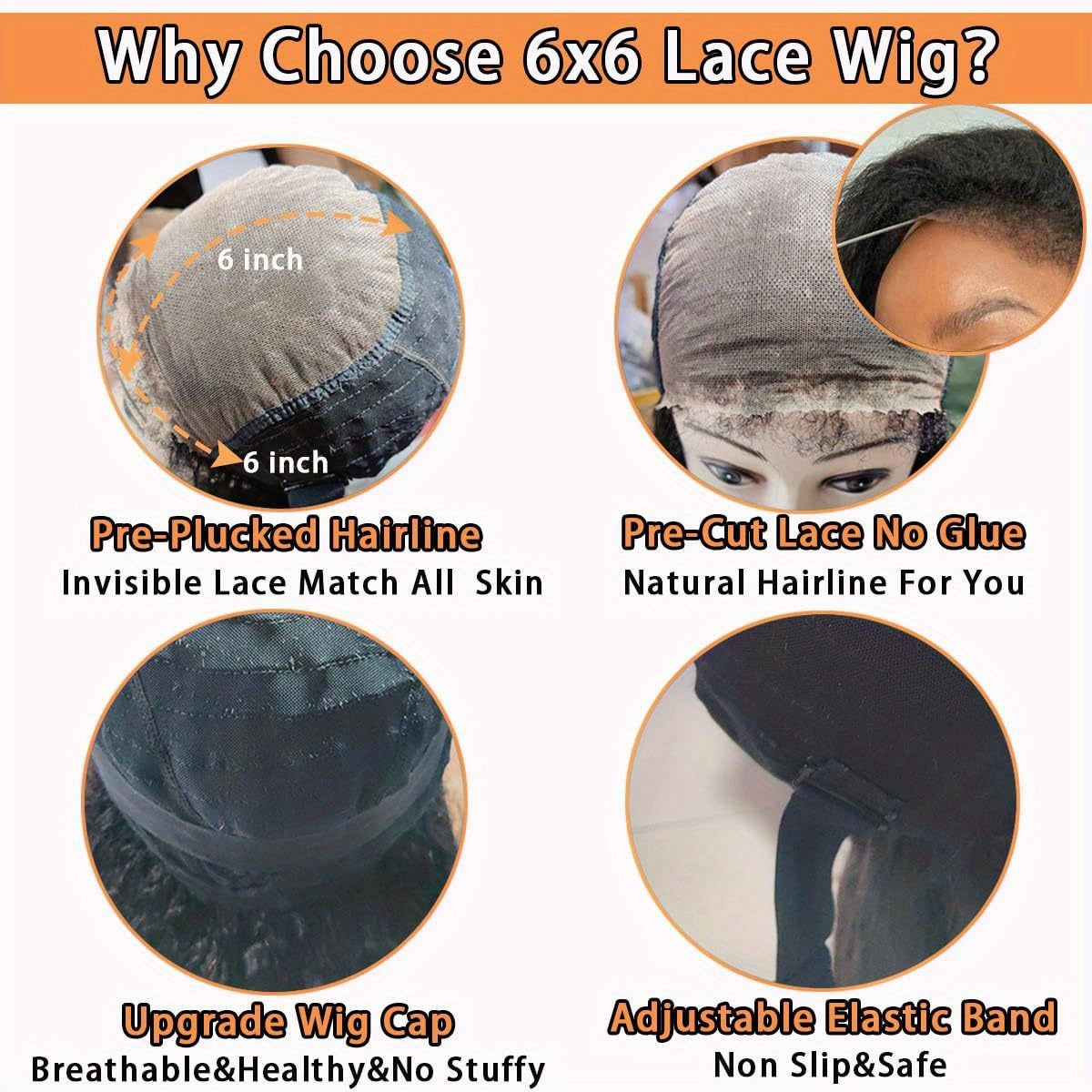 6x6 Kinky Straight HD Lace Closure Wigs Human Hair Kinky Straight Wig For Beginners 200% Density