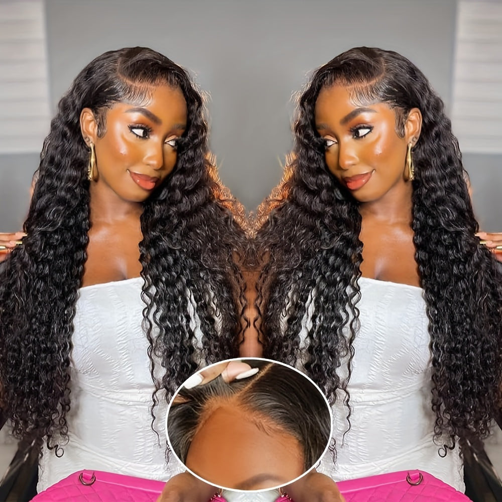 Deep Curly Human Hair Wigs Glueless Pre Cut Lace Human Hair Wigs 13x4 HD Lace Frontal Wigs 100% Real Glueless Wigs Friendly For Beginners Pre Cut Deep Wave Lace Front Wigs 250% Density