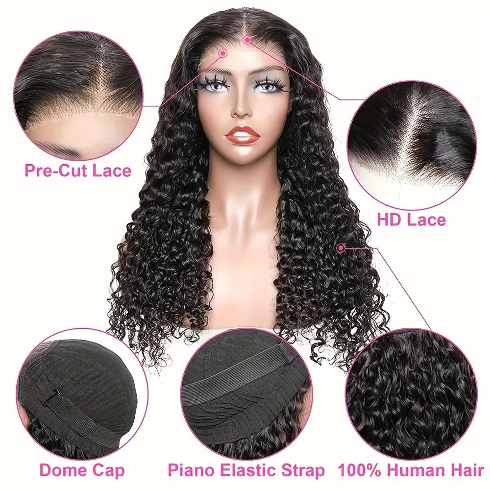 Deep Curly Human Hair Wigs Glueless Pre Cut Lace Human Hair Wigs 13x4 HD Lace Frontal Wigs 100% Real Glueless Wigs Friendly For Beginners Pre Cut Deep Wave Lace Front Wigs 250% Density