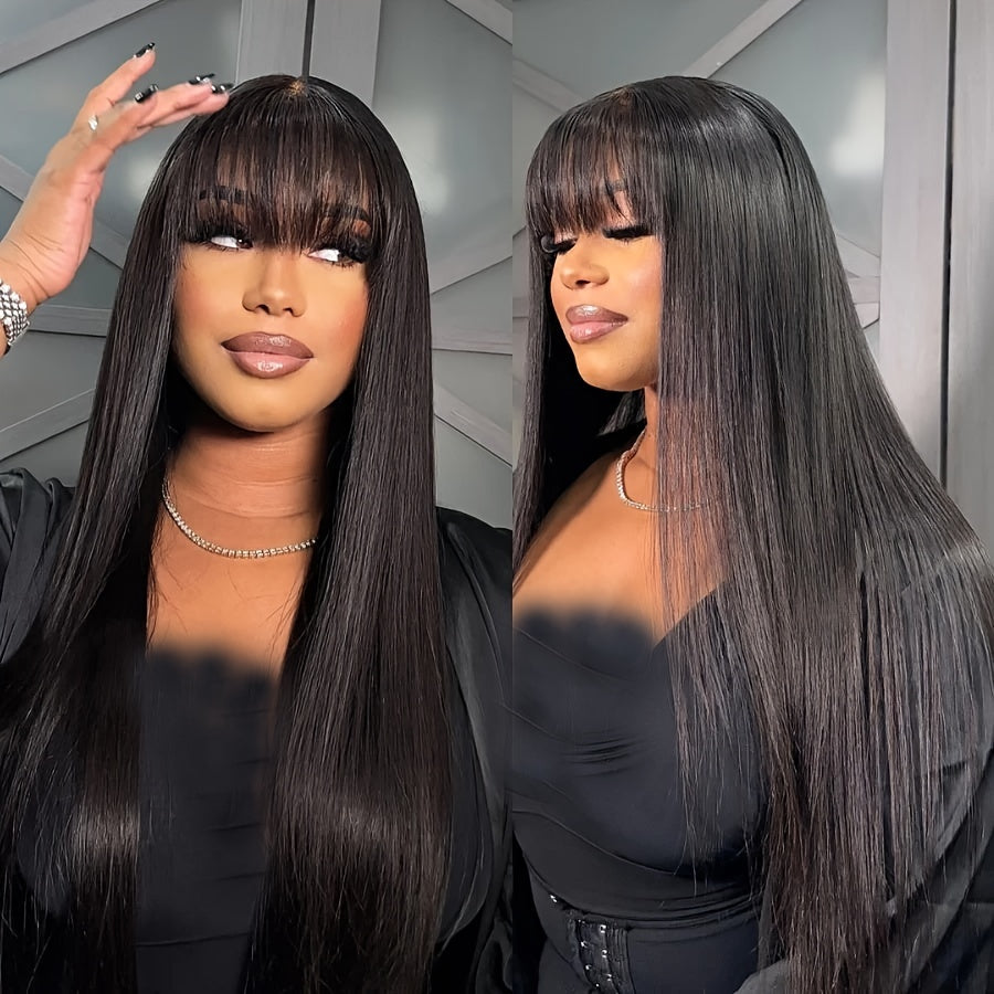 Wig With Bangs Straight 200% Density Wig 100% Human Hair