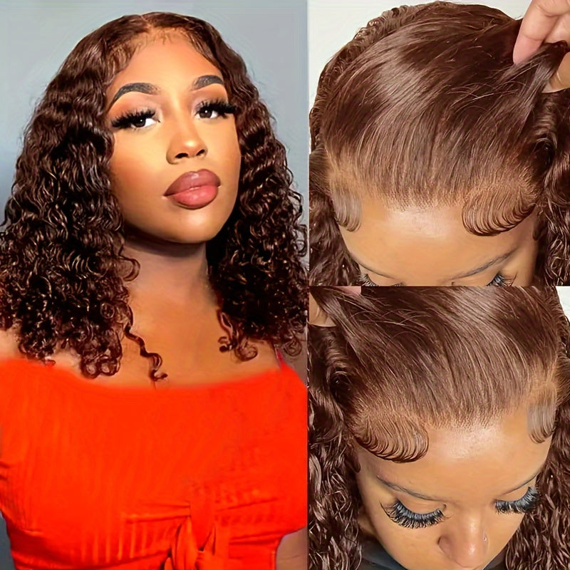 Reddish Brown Short Bob Curly Wigs Human Hair 4X4 Hd Transparent Lace Closure Wig Pre Plucked With Baby Hair