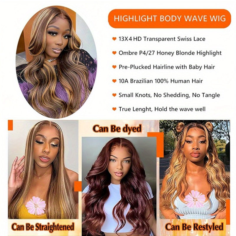250% Density Wigs Human Hair Body Wave Lace Front 4/27 Honey Blonde
