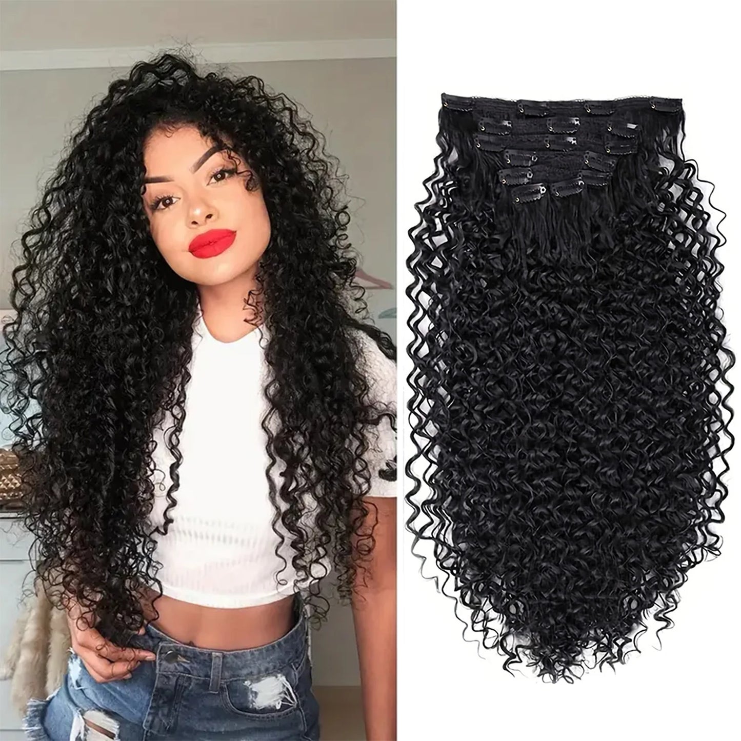 Synthetic Kinky Curly 16 Clip In Hair Extensions Full Head