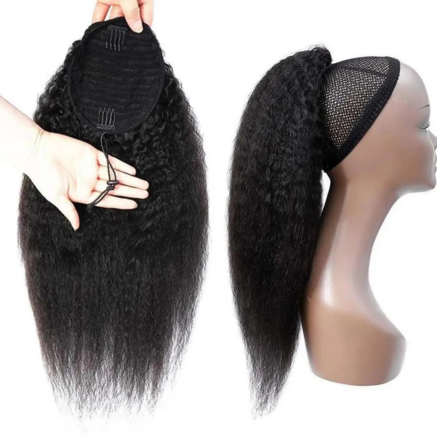 Kinky Straight Wrap Drawstring Human Hair Ponytail Yaki Straight Remy  #1B