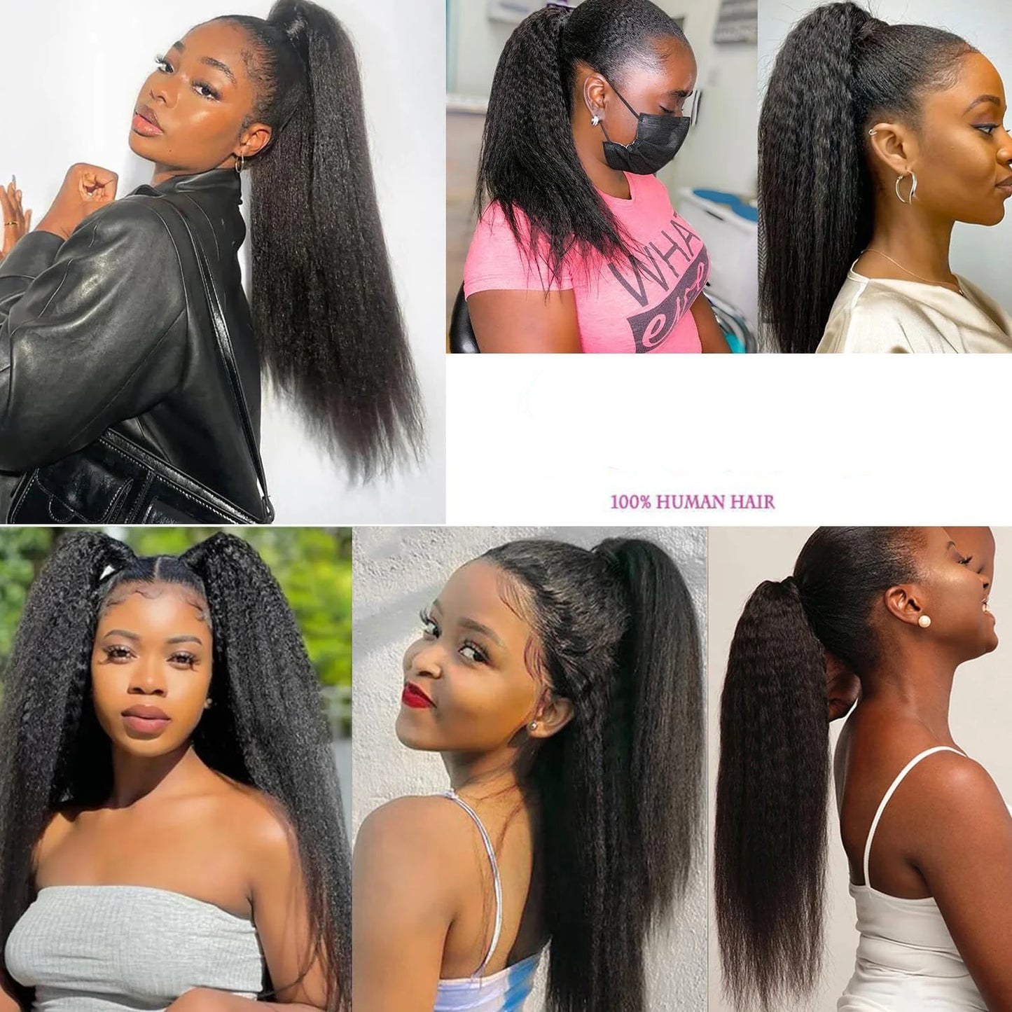 Kinky Straight Wrap Drawstring Human Hair Ponytail Yaki Straight Remy  #1B