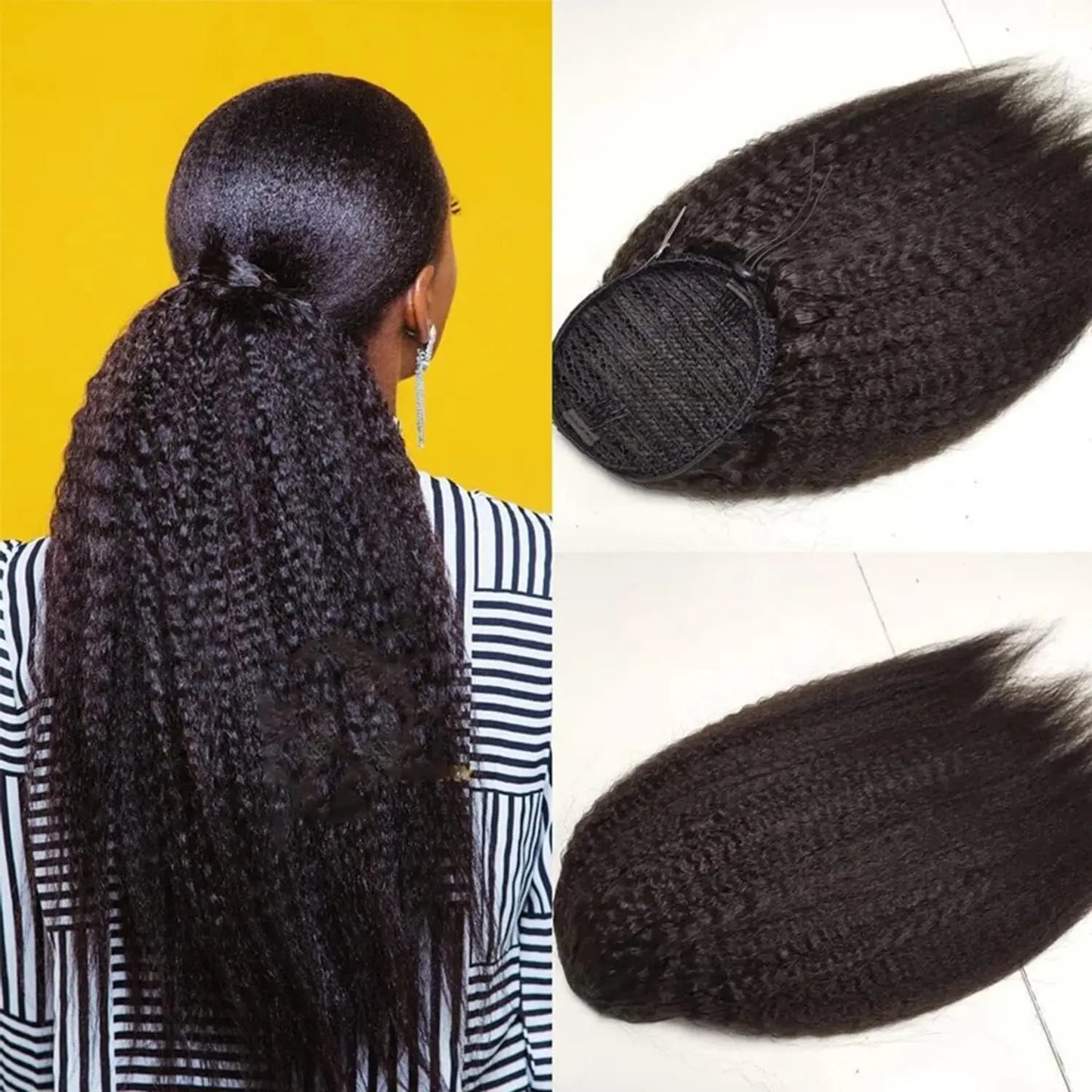 Kinky Straight Wrap Drawstring Human Hair Ponytail Yaki Straight Remy  #1B