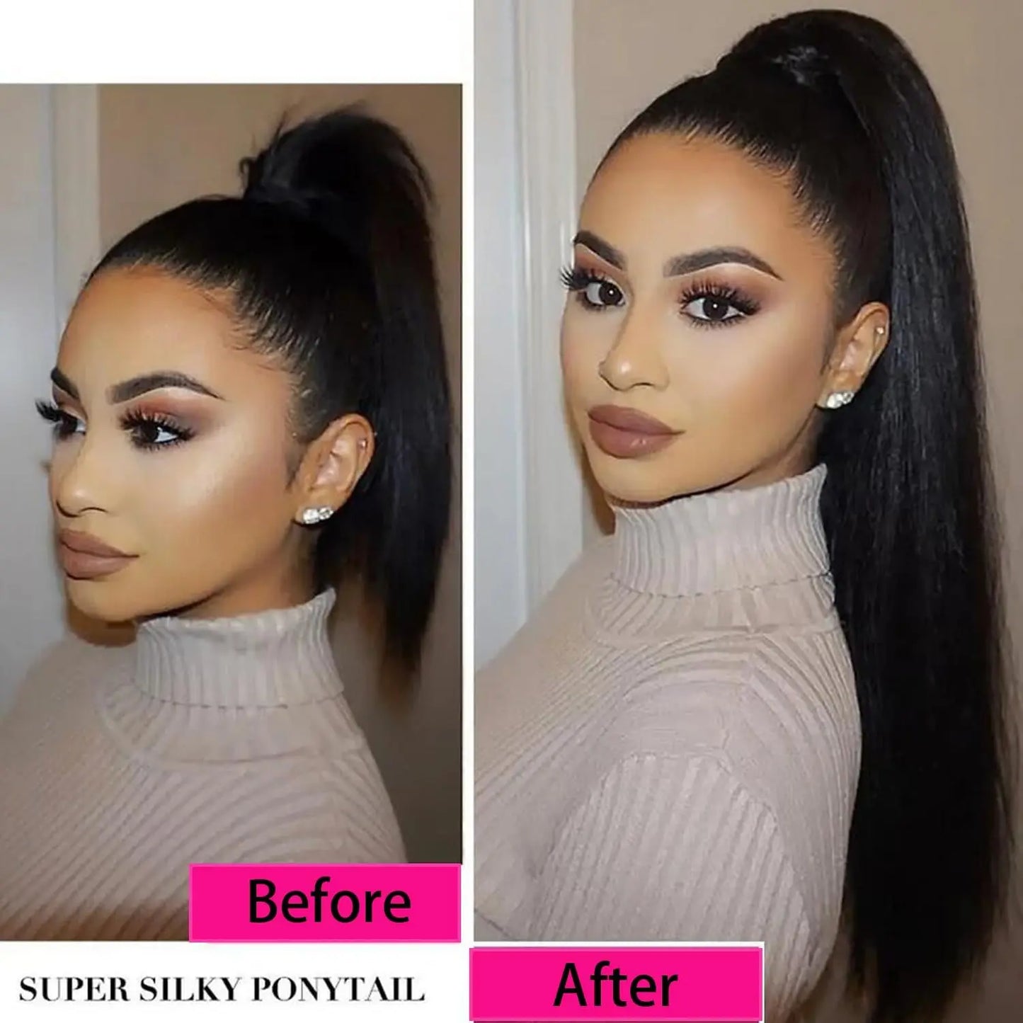 Kinky Straight Wrap Drawstring Human Hair Ponytail Yaki Straight Remy  #1B