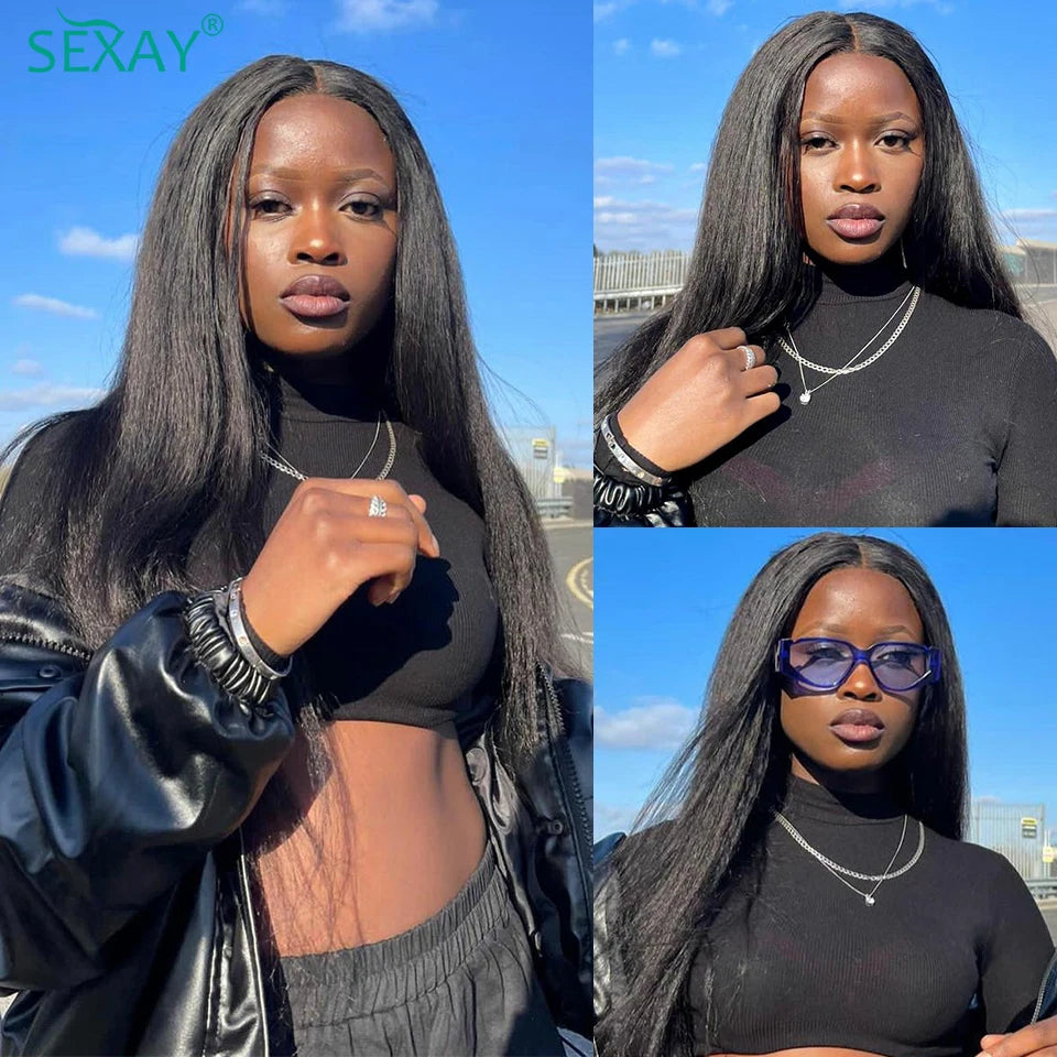 Kinky Straight Bundles With Closure Free Part Brazilian Yaki Human Hair With HD Transparent Lace Frontal