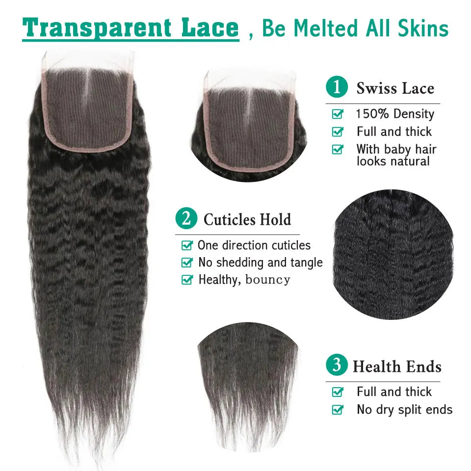 Kinky Straight Bundles With Closure Free Part Brazilian Yaki Human Hair With HD Transparent Lace Frontal